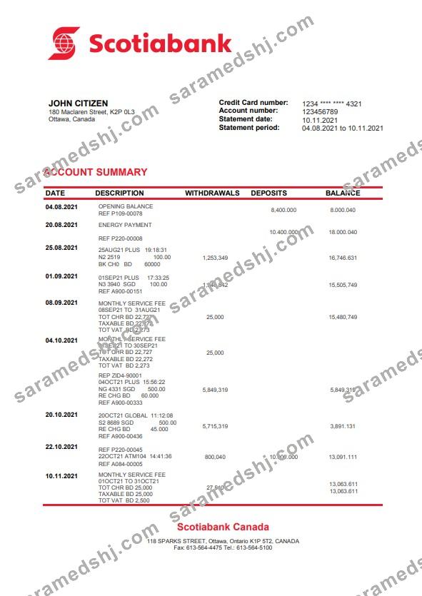 Canada Scotiabank bank statement template in Word and PDF format